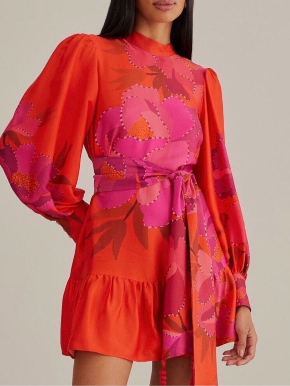 FARM Rio Red Long-Sleeve Mini Dress with Pink Floral Print